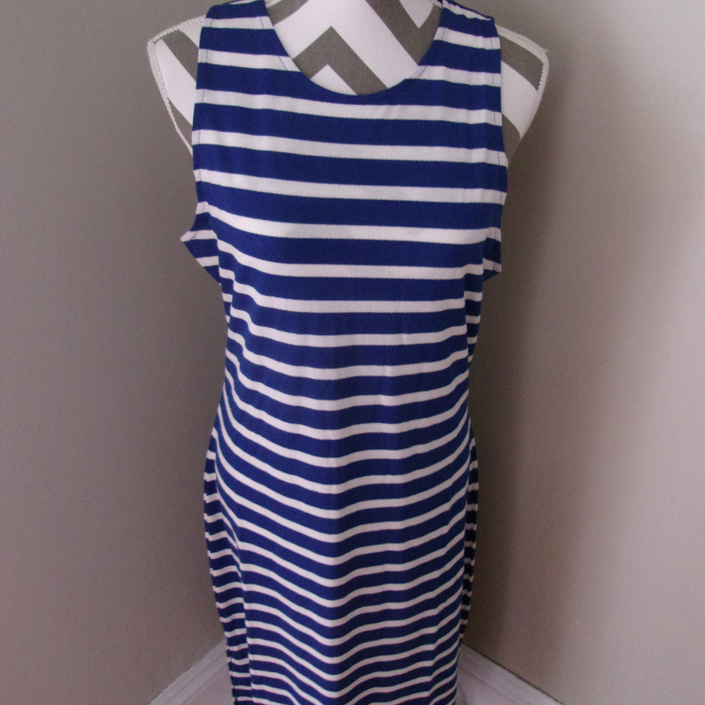 A New Day Blue White Striped Midi Dress LARGE